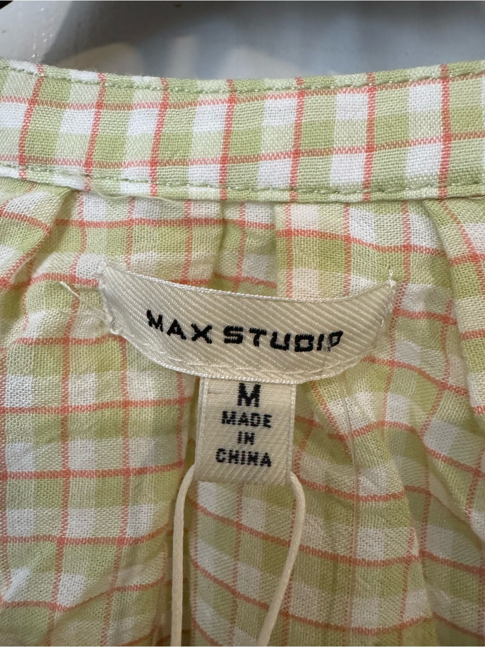 Max Studio NWT Cotton Plaid Peasant Blouse Green Balloon Sleeve Medium M - Picture 4 of 10